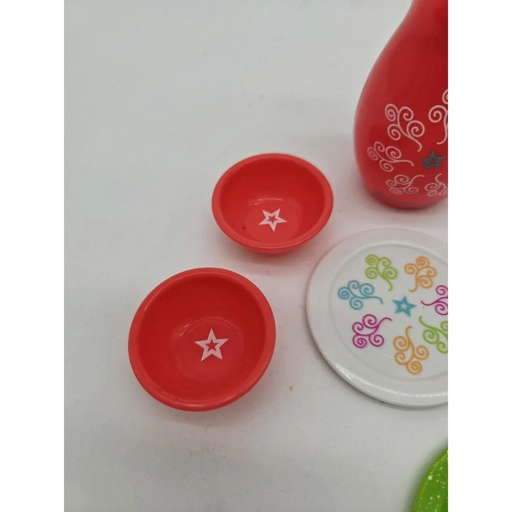 American Girl Doll Kit Pitcher Glass Plates Set Dishes Pink Green